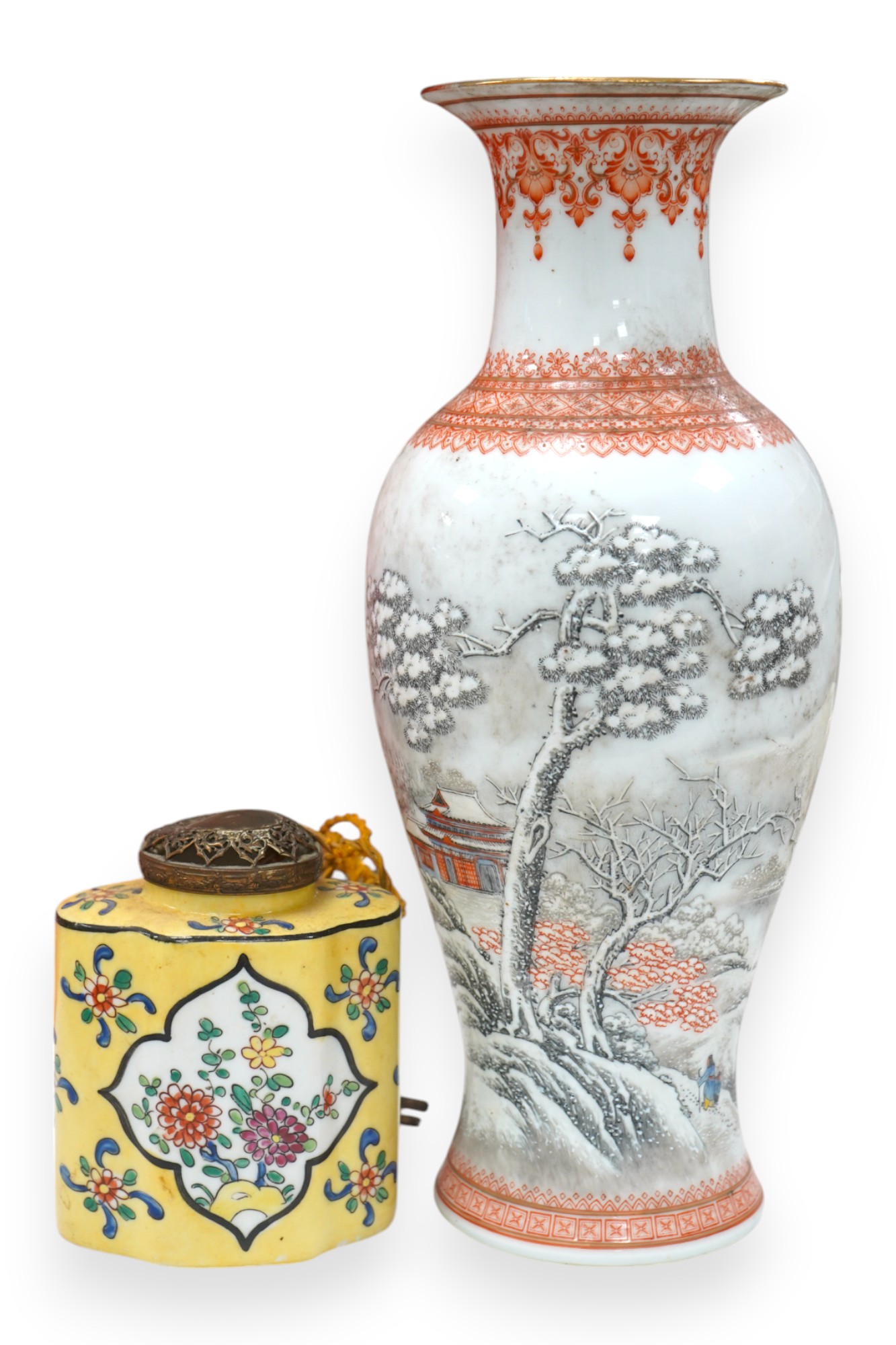 A Chinese 'mountain landscape' vase and a yellow ground tea caddy converted to a lamp, tallest 31cm. Condition - fair, would benefit from a clean